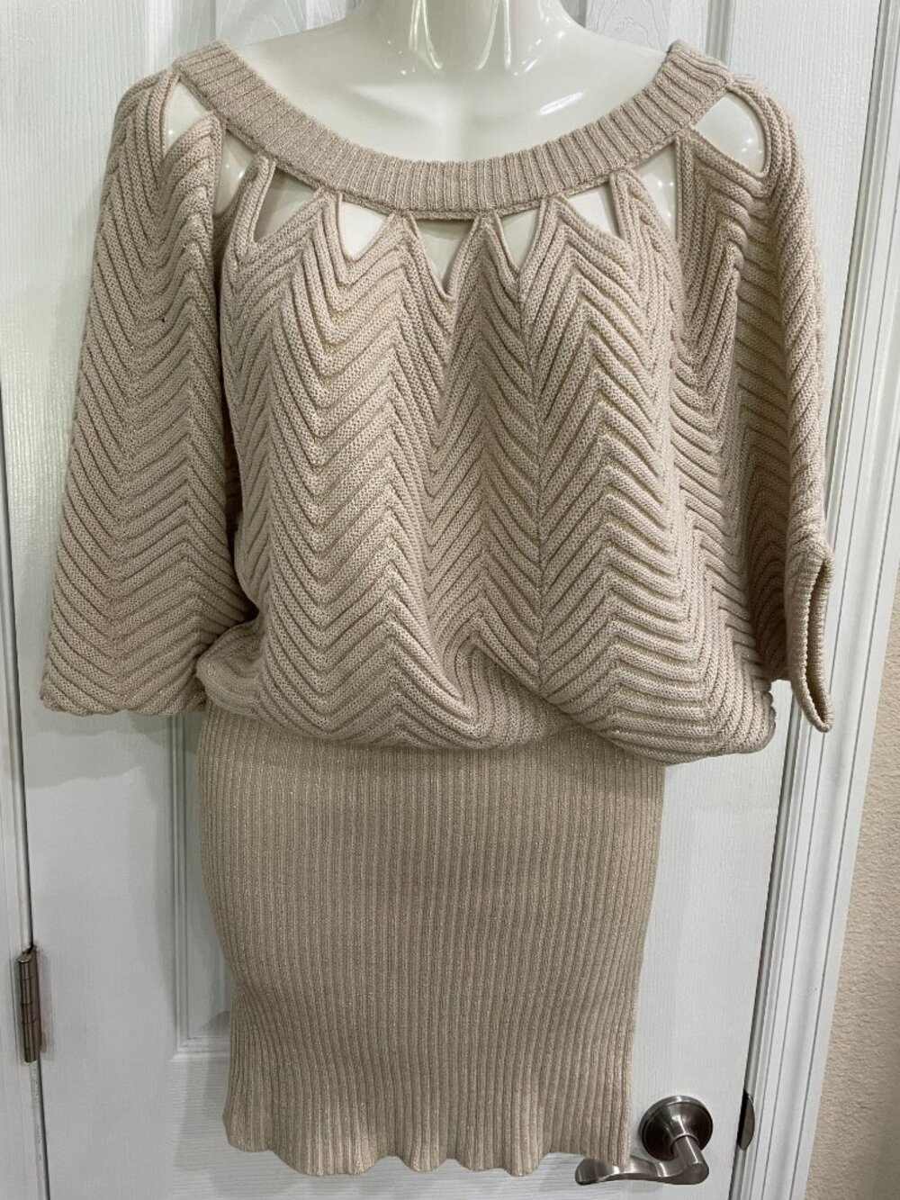 VENUS Sweater Dress S Beige Chevron Knit Batwing Cutout Shoulder Bodycon Tunic